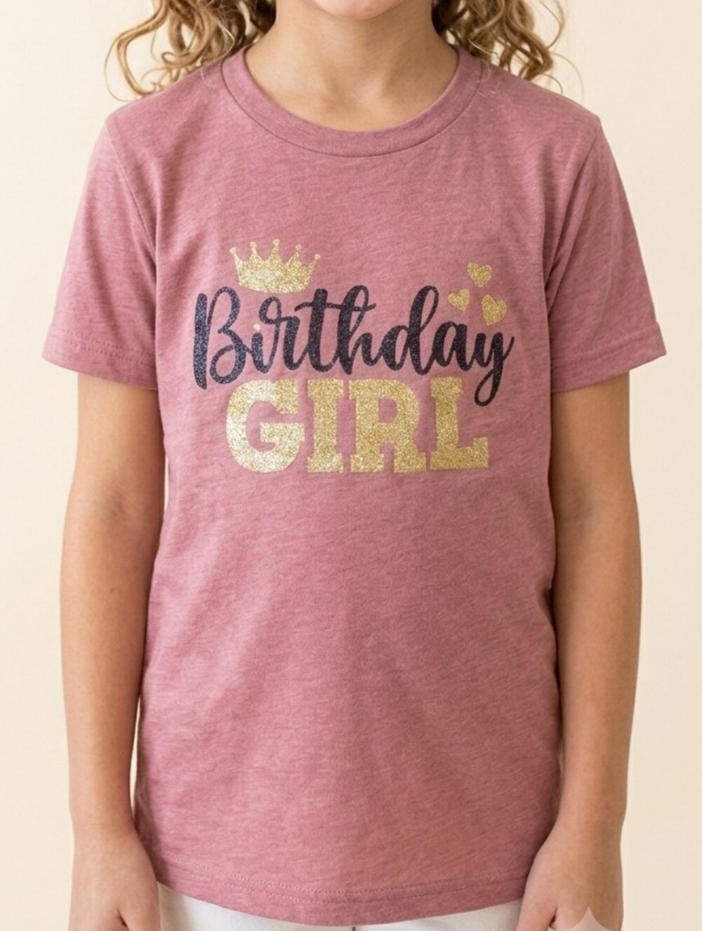 Birthday Girl Princess Glitter Graphic Kids T-Shirt Youth L Heather Pink NWOT